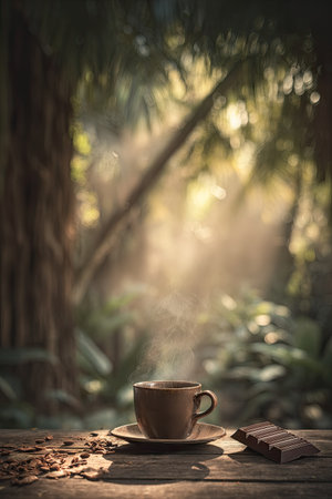 Coffee cup with chocolate bar on wooden table in the gardenの素材