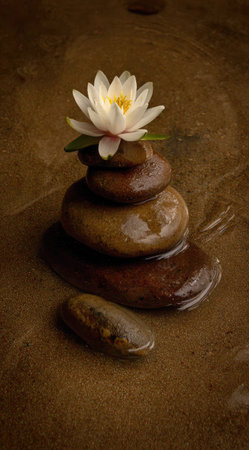 pile of zen stones with water lily flower on itの素材