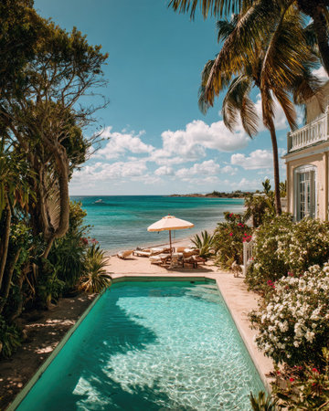 Swimming pool in a luxury villa on the Caribbean island of Barbadosの素材
