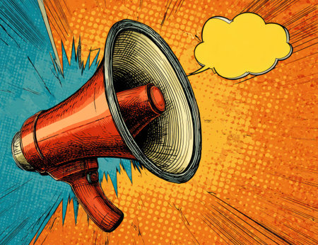 Megaphone with speech bubble. Pop art retro vector illustration.の素材