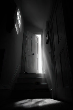Light coming from the open door in the dark. 3d renderingの素材