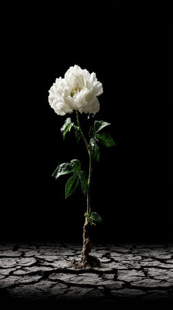 White rose on a black background with cracked ground, concept of droughtの素材