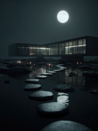 House in the sea at night with a full moon in the backgroundの素材