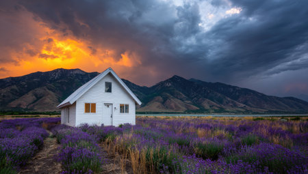 Lavender field and wooden house at sunset, California, USAの素材