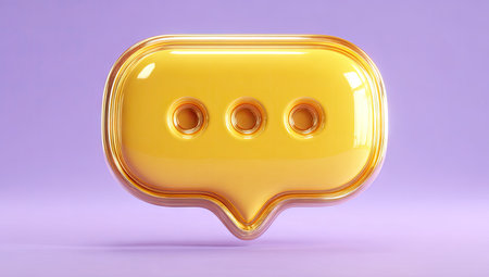 Yellow speech bubble icon on purple background. 3d rendered illustration.の素材