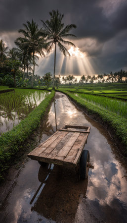 Rice field in Bali, Indonesia with wooden cart and coconut treesの素材