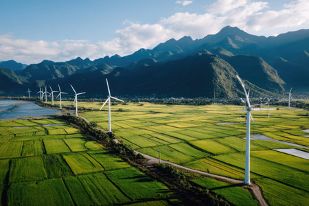 Aerial view of wind turbines in paddy field with mountain backgroundの素材