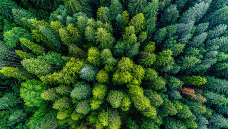 Aerial view of green coniferous forest. Drone photography.の素材