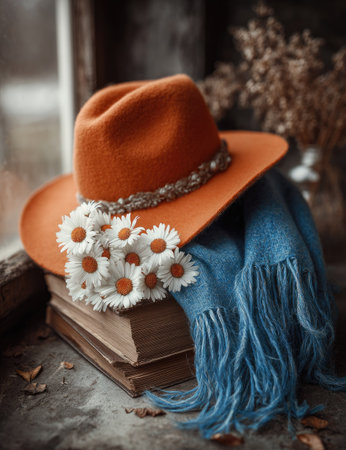 Books, hats and bouquets of daisies on the windowsillの素材