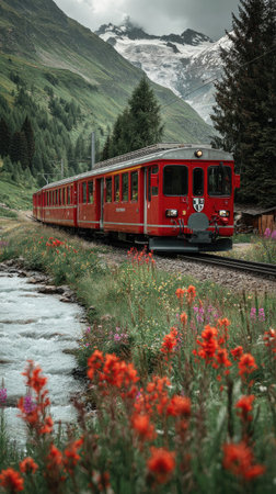 Train running through the alpine meadows in Switzerland with snow capped mountains in the backgroundの素材
