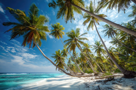 Coconut palm trees on tropical beach at Seychellesの素材