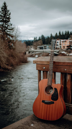 Guitar on the wooden bridge over the river in the mountainsの素材