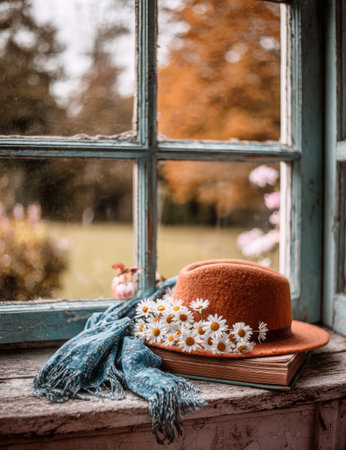 Vintage hat with chamomile flowers on the windowsillの素材