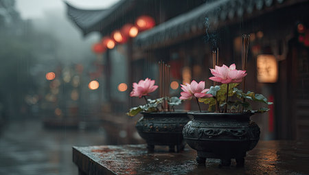 Beautiful lotus in the Chinese temple in the rainy season.の素材