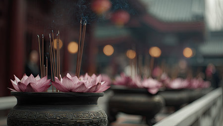 Burning incense stick in a Buddhist temple, close-upの素材