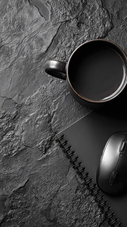 Cup of coffee, notebook and mouse on black stone background. Top viewの素材