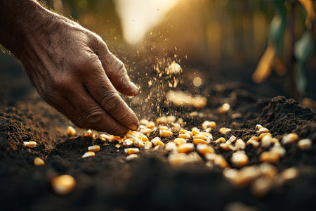 Farmer hand planting corn seed in the field, agriculture concept.の素材