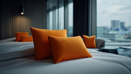 Two orange pillows on a bed in a hotel room. 3d renderingの素材