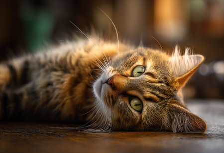 Siberian cat lying on the wooden floor. Selective focus.の素材