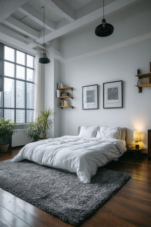 Luxury bedroom with white walls, wooden floor and comfortable king size bed. 3d renderingの素材