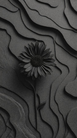 Black paper background with a flower. 3d rendering, 3d illustration.の素材