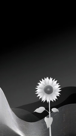 3d illustration of white sunflower over black background with wave linesの素材