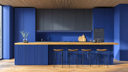 Interior of modern kitchen with blue walls, wooden floor, dark blue countertops and bar with stools. 3d renderingの素材