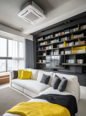 interior of modern living room with white sofa and bookshelfの素材