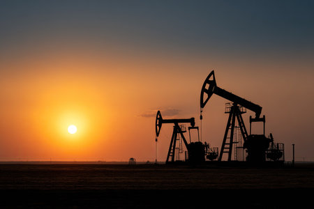 Silhouette of the oil pump on the background of the setting sunの素材