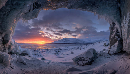 Ice cave on the coast of Iceland at sunset. Panorama.の素材