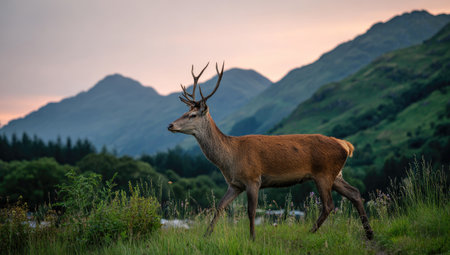 Majestic red deer stag during rutting season in beautiful nature landscape.の素材