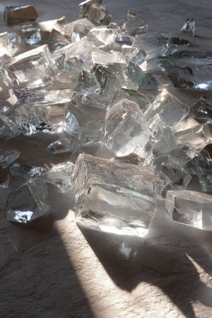 Ice cubes on a table in the sunlight. Close-up.の素材