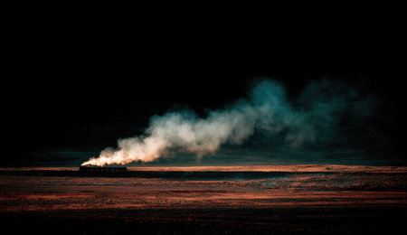 Burning house in the steppe at night. Black background.の素材