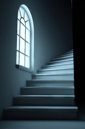 Staircase in a dark room with a window, 3d renderの素材