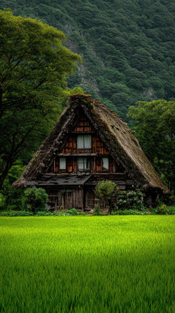 Traditional house in the rice fields of Shirakawa-go, Japanの素材