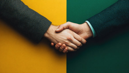 Two men shaking hands on a yellow and green background. Close up.の素材