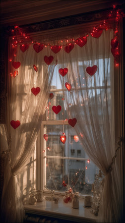 Valentine's Day. Window with red hearts and garlandの素材