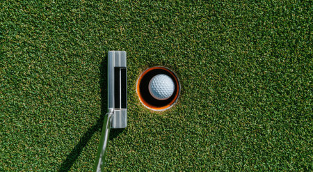 golf ball and tee on green grass in golf course with copy spaceの素材