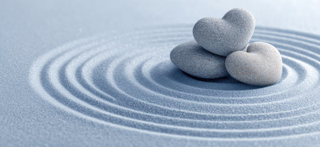 zen garden meditation stone background with heart shaped pebbles in zen gardenの素材