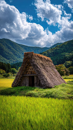 Rice field and thatched house in Yamaguchi, Japanの素材