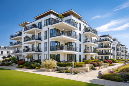 Luxury modern apartment buildings on a sunny day with a blue skyの素材