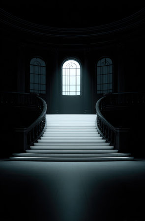 Staircase in a dark room with light coming from the windowの素材