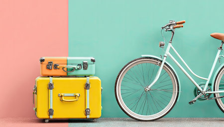 Bicycle with luggage on pastel color background. Travel concept.の素材