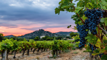Ripe grapes on vineyards in Tuscany, Italy.の素材
