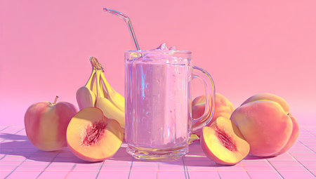 Glass of peach smoothie on pink background. 3D illustration.の素材