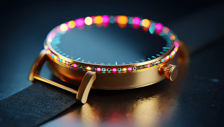 Wrist watch on a black background with colorful lights. Close up.の素材