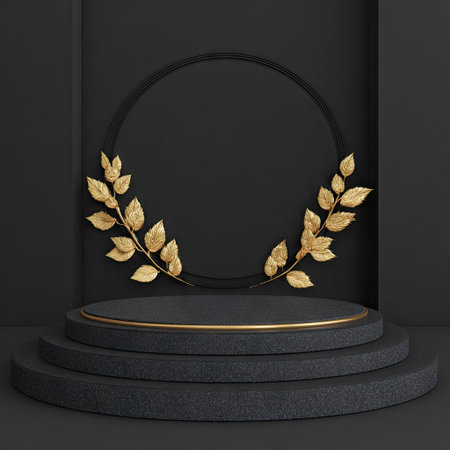 Black podium with gold laurel wreath on black background. 3d renderの素材