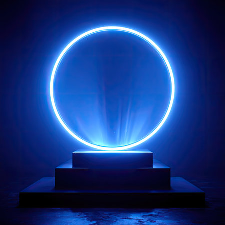 Abstract scene podium illuminated with neon light. Mock up, 3D renderingの素材