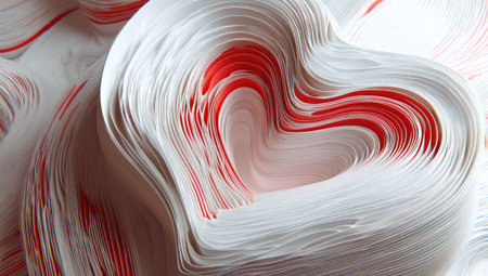 Close-up of red and white curved sheets of paper. Abstract background.の素材