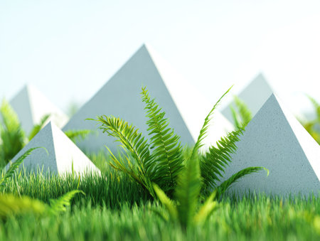 3d illustration of green grass and white pyramid in the meadowの素材